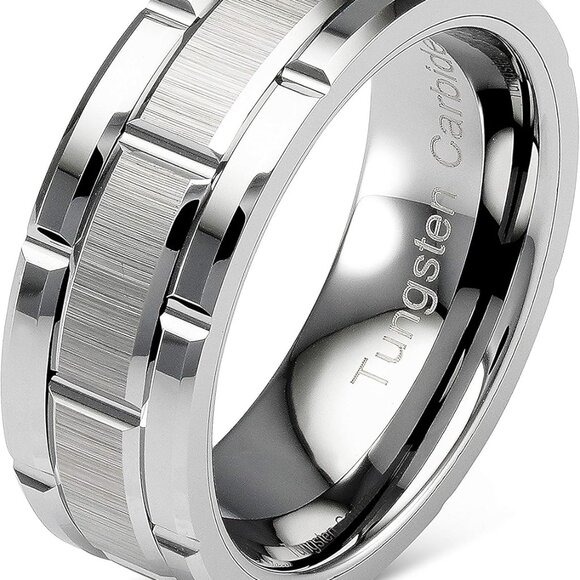 Tungsten Rings For Men Wedding Band Silver Brick Pattern Brushed Engagement Prom